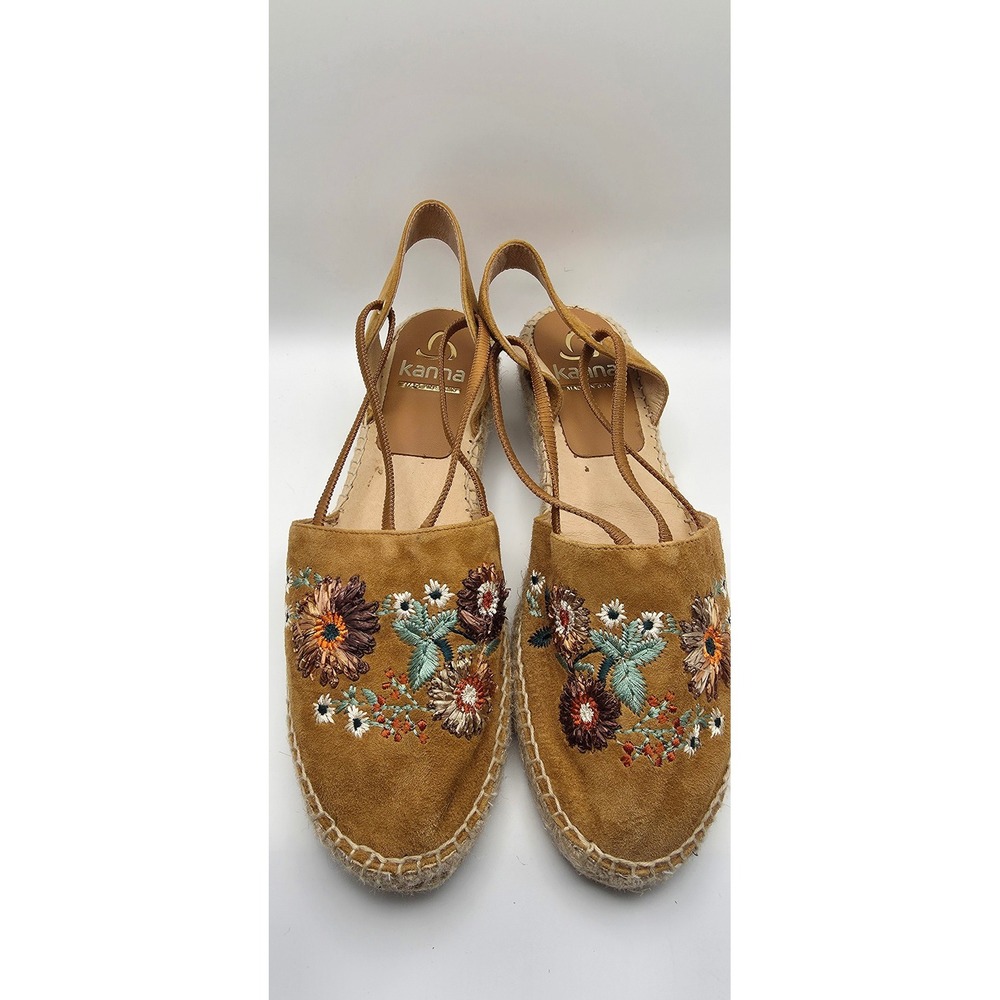 Kanna Spain Tan Suede Floral Embroidered Espadrille Slingback Flats Size 41